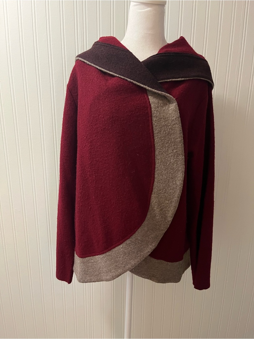 Burgundy Hooded Wrap Wool Cardigan/Coat with Contrast Trim